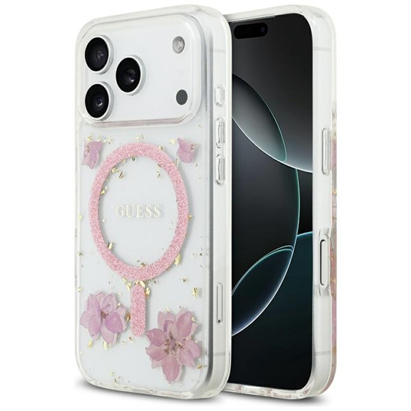 Guess Resin Flowers Glitter MagSafe case for iPhone 17 Pro pink