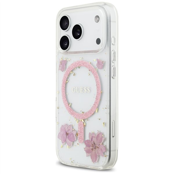 Guess Resin Flowers Glitter MagSafe case for iPhone 17 Pro pink