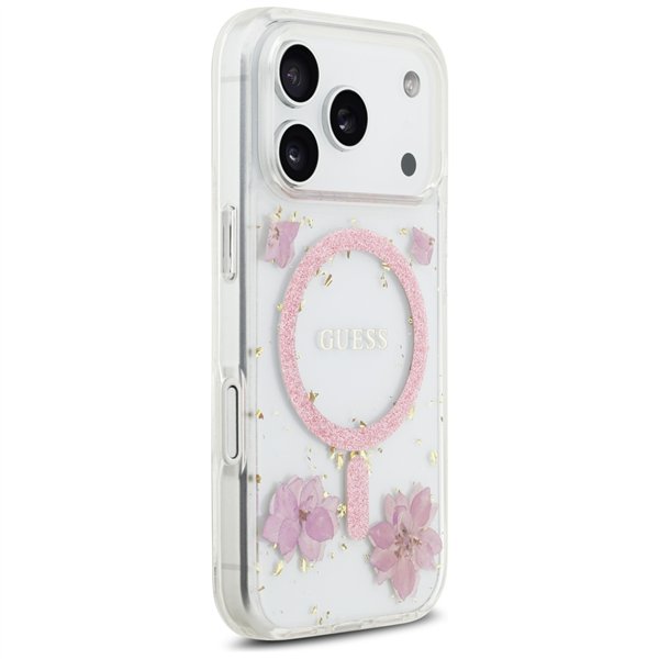 Guess Resin Flowers Glitter MagSafe case for iPhone 17 Pro pink