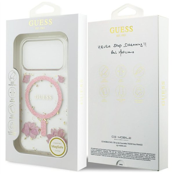 Guess Resin Flowers Glitter MagSafe case for iPhone 17 Pro pink
