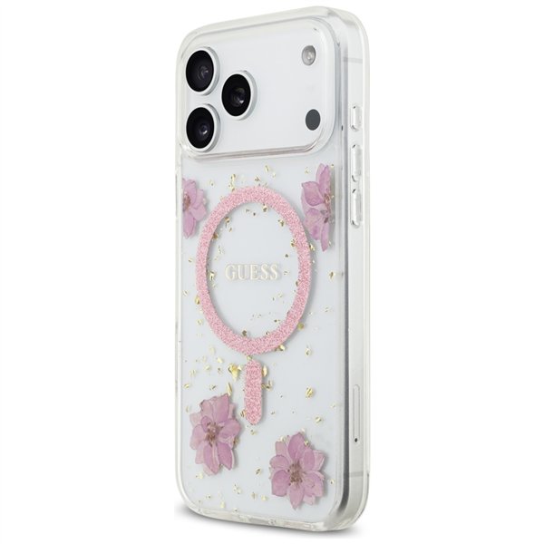 Guess Resin Flowers Glitter MagSafe case for iPhone 17 Pro Max pink