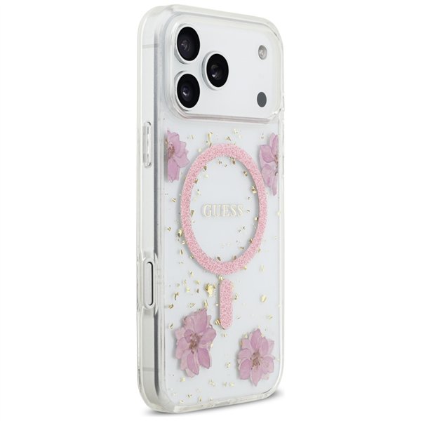 Guess Resin Flowers Glitter MagSafe case for iPhone 17 Pro Max pink