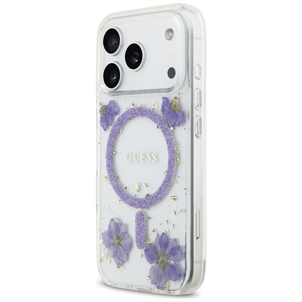 Guess Resin Flowers Glitter MagSafe case for iPhone 17 Pro purple