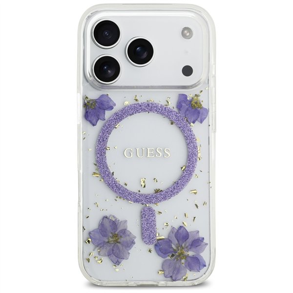Guess Resin Flowers Glitter MagSafe case for iPhone 17 Pro purple