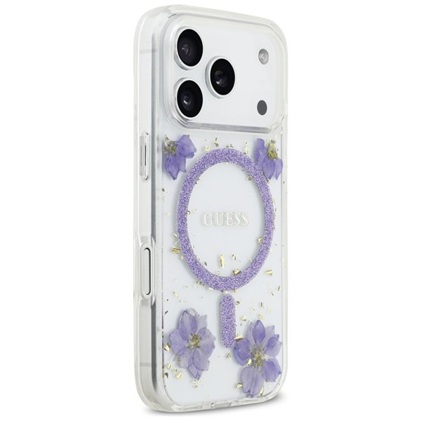 Guess Resin Flowers Glitter MagSafe case for iPhone 17 Pro purple