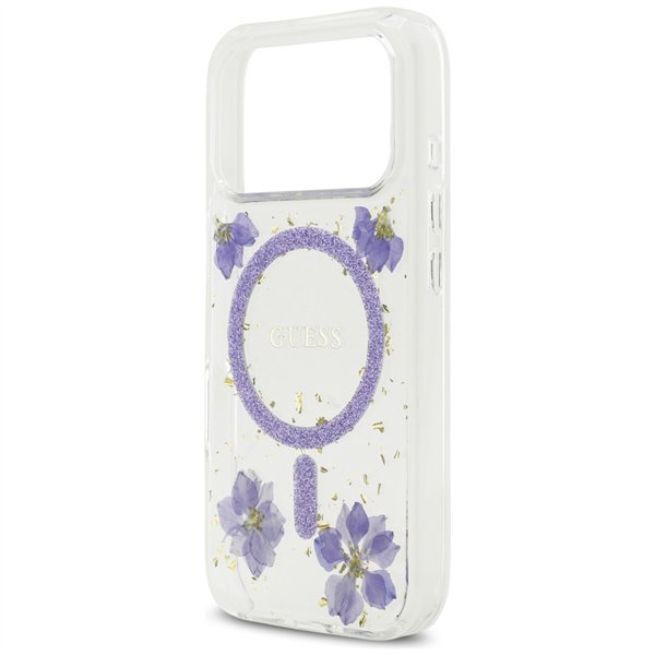 Guess Resin Flowers Glitter MagSafe case for iPhone 17 Pro purple