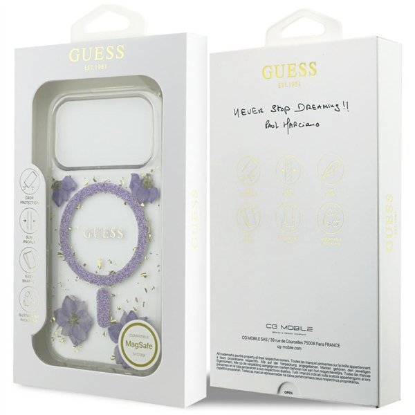 Guess Resin Flowers Glitter MagSafe case for iPhone 17 Pro purple