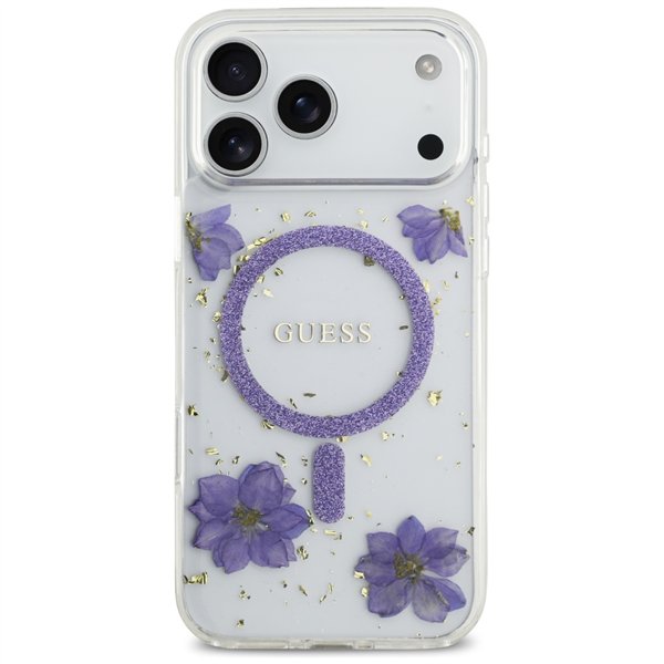 Guess Resin Flowers Glitter MagSafe case for iPhone 17 Pro Max purple