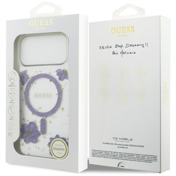 Guess Resin Flowers Glitter MagSafe case for iPhone 17 Pro Max purple