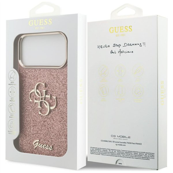 Guess Fixed Glitter Big 4G Metal Frame case for iPhone 17 Pro Max pink