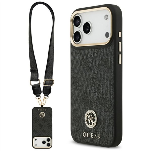 Guess 4G Srtass Logo & Big Strap Metal Buttons MagSafe case for iPhone 17 Pro Max black