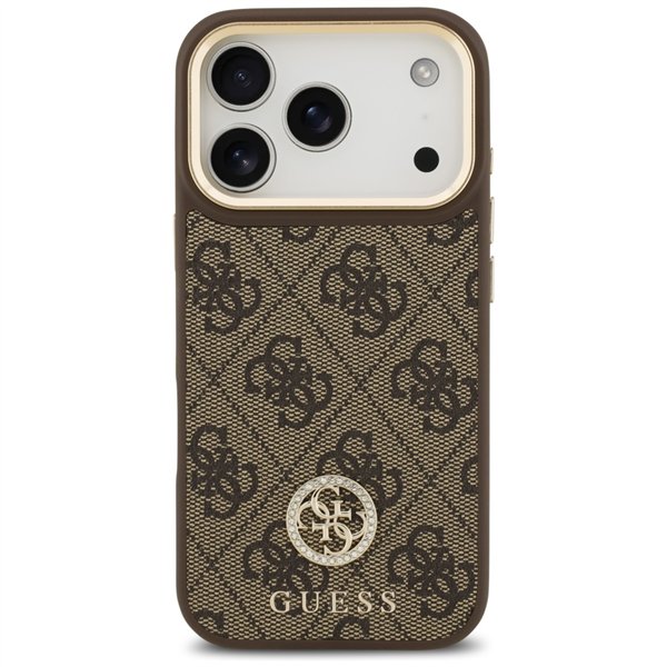 Guess 4G Strass Logo & Big Strap Metal Buttons MagSafe case for iPhone 17 Pro brown
