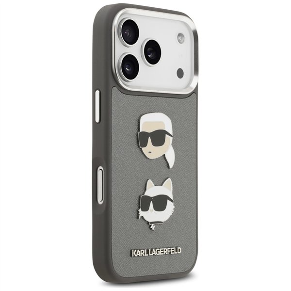 Karl Lagerfeld FW Grained Karl & Choupette Heads Pins & Logo case for iPhone 17 Pro grey