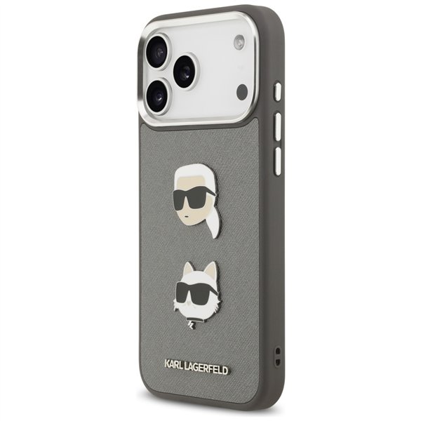 Karl Lagerfeld FW Grained Karl & Choupette Heads Pins & Logo case for iPhone 17 Pro Max grey