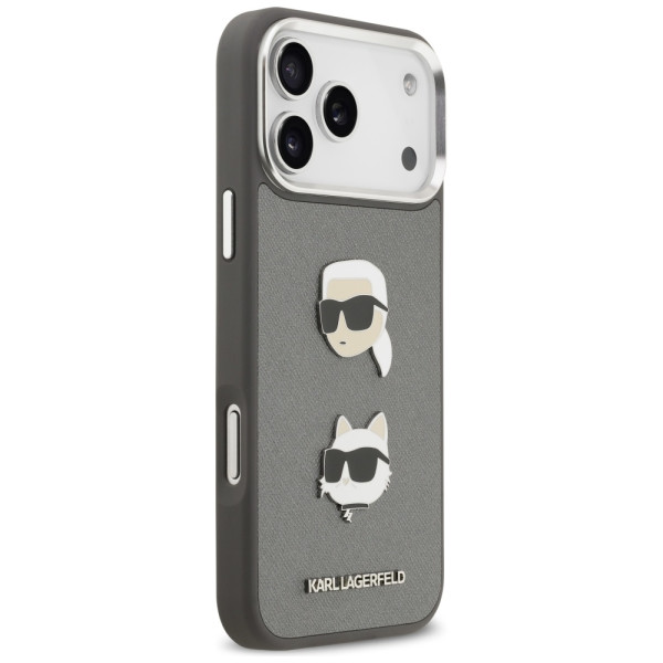 Karl Lagerfeld FW Grained Karl & Choupette Heads Pins & Logo case for iPhone 17 Pro Max grey