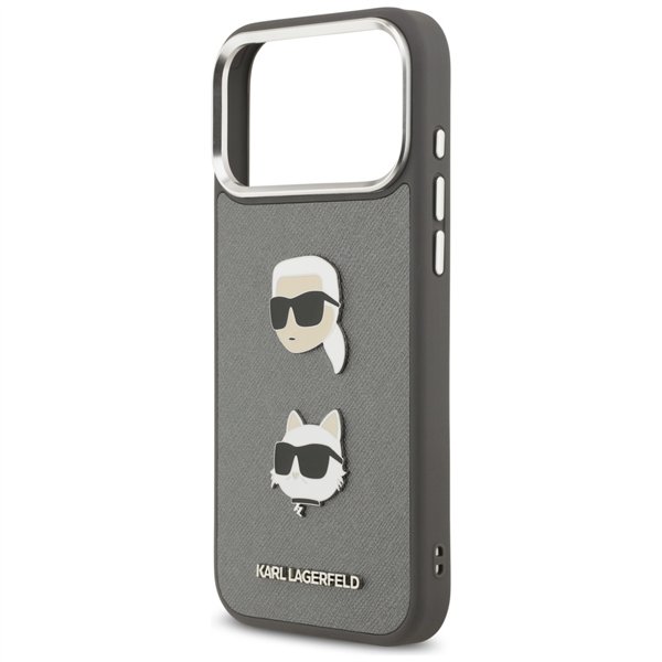 Karl Lagerfeld FW Grained Karl & Choupette Heads Pins & Logo case for iPhone 17 Pro Max grey