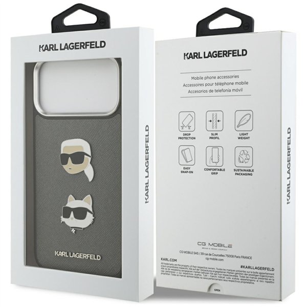 Karl Lagerfeld FW Grained Karl & Choupette Heads Pins & Logo case for iPhone 17 Pro Max grey