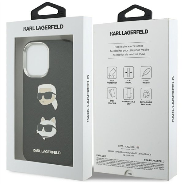 Karl Lagerfeld FW Grained Karl & Choupette Heads Pins & Logo case for iPhone 17 black