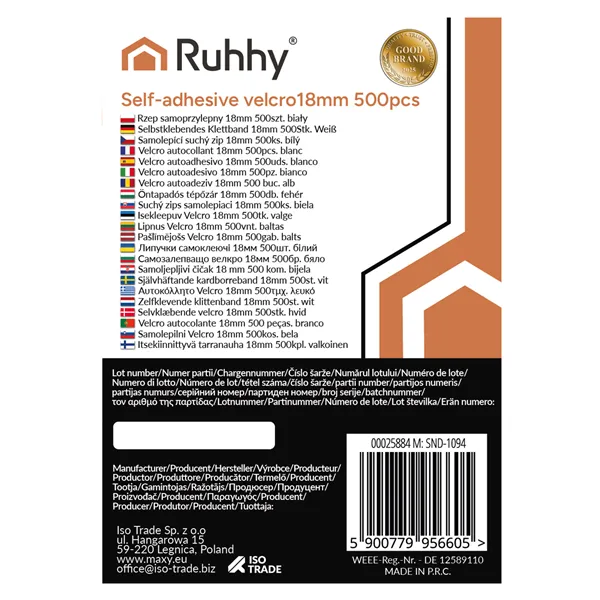Self-adhesive Velcro 18mm 500pcs white Ruhhy 25884