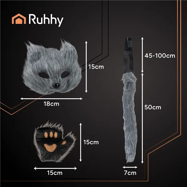 4-piece cat/fox costume, gray, Ruhhy 26247