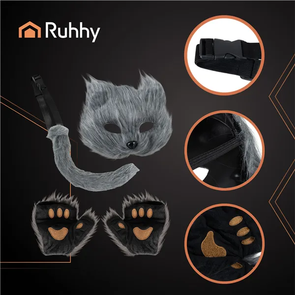 4-piece cat/fox costume, gray, Ruhhy 26247