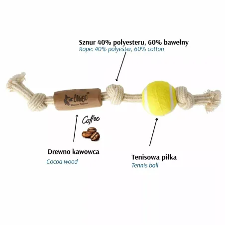 Dingo sõlmede ja palliga treeningmänguasi Chew Toy Made of Coffee Wood on a Rope
