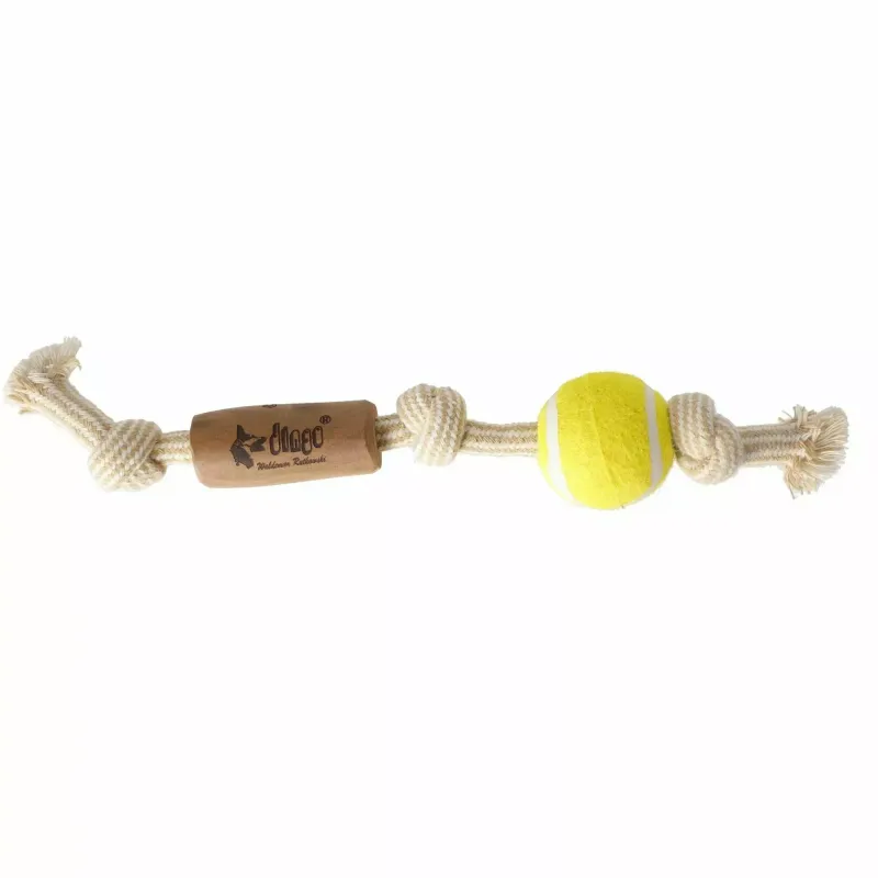 Dingo sõlmede ja palliga treeningmänguasi Chew Toy Made of Coffee Wood on a Rope