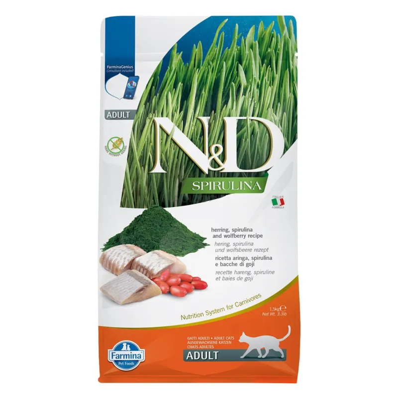 Farmina ND Spirulina Heeringa, spirulina vetika ja goji marjadega kassile