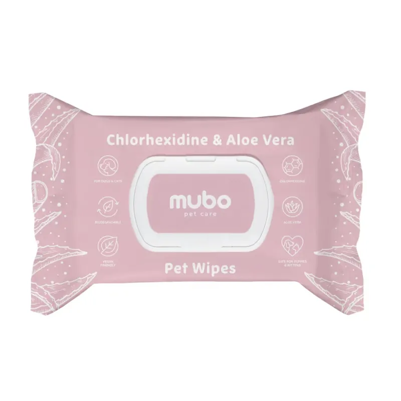 Mubo õrnalt puhastavad salvrätikud Chlorhexidine & Aloe Vera Pet Wipes