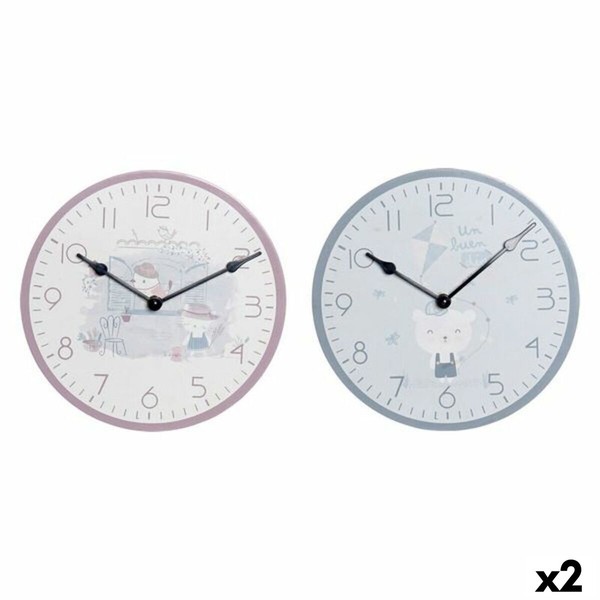 Seinäkello DKD Home Decor Sininen Monivärinen Pinkki Puu Metalli Muovinen Puu MDF Lasten Lintu 24 x 3 x 24 cm (2 osaa)