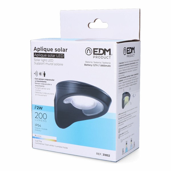 Светодиодный настенный светильник EDM 31852 Чёрный 2 W 1,8 W 200 Lm 155 Lm Солнечный Датчик Движения (6500 K)