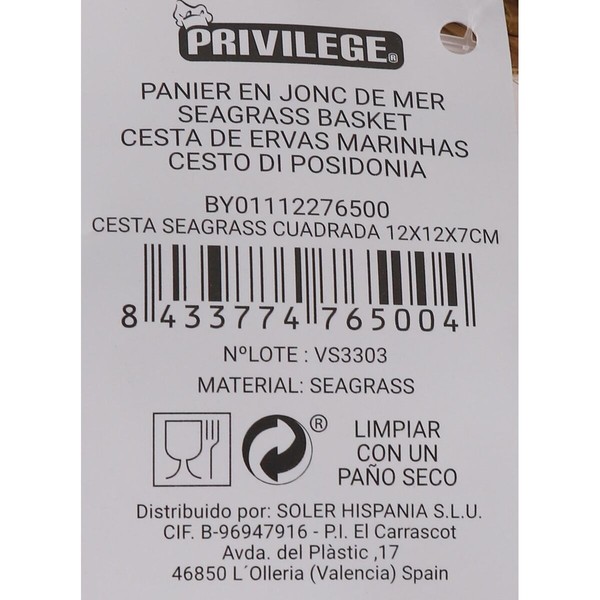 Multi-purpose basket Privilege Seagrass Squared 12 x 12 x 7 cm (24 Units)