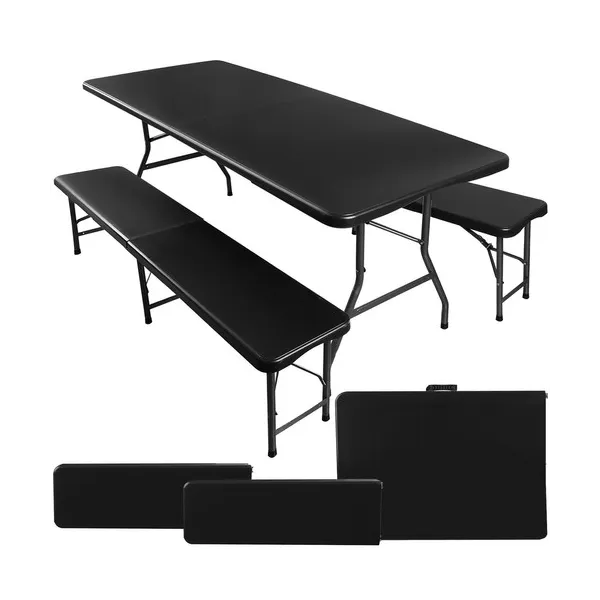 Folding garden table 180cm + 2 benches - black