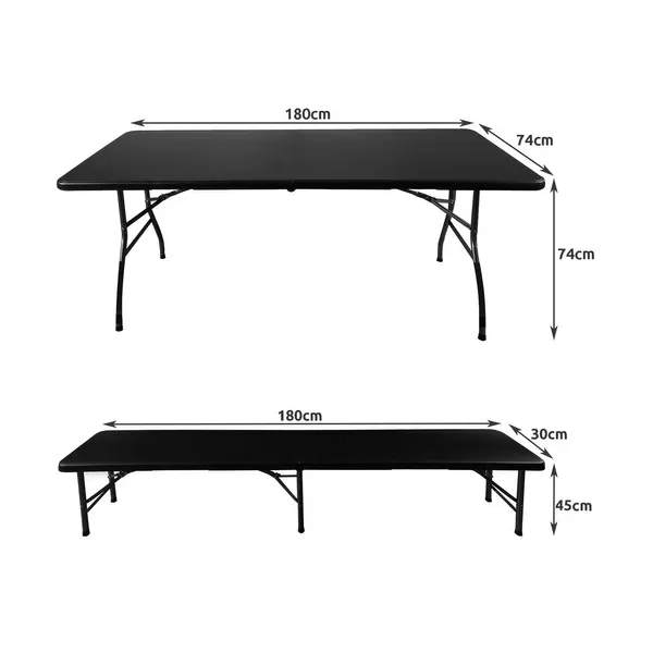Folding garden table 180cm + 2 benches - black
