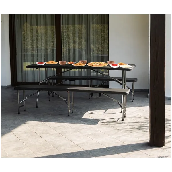 Folding garden table 180cm + 2 benches - black