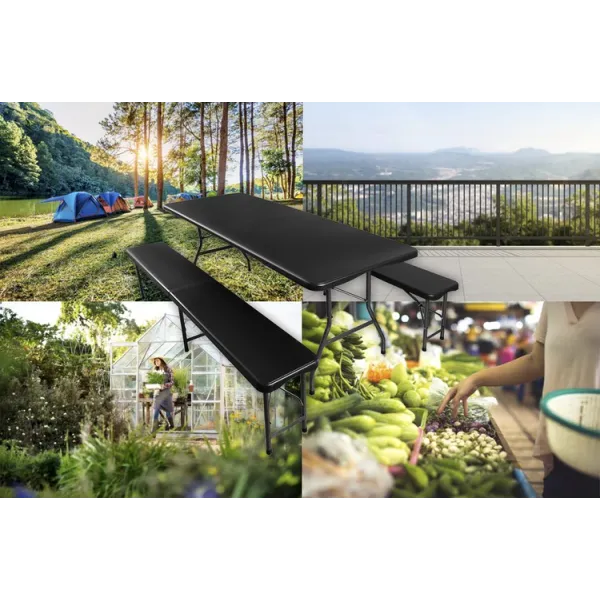 Folding garden table 180cm + 2 benches - black