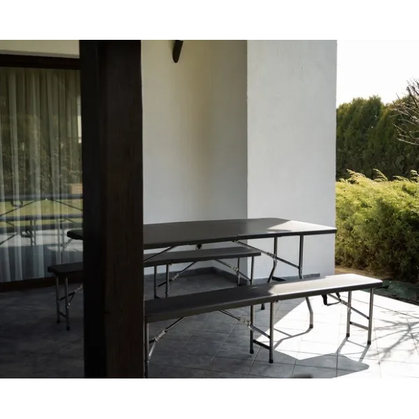 Folding garden table 180cm + 2 benches - black