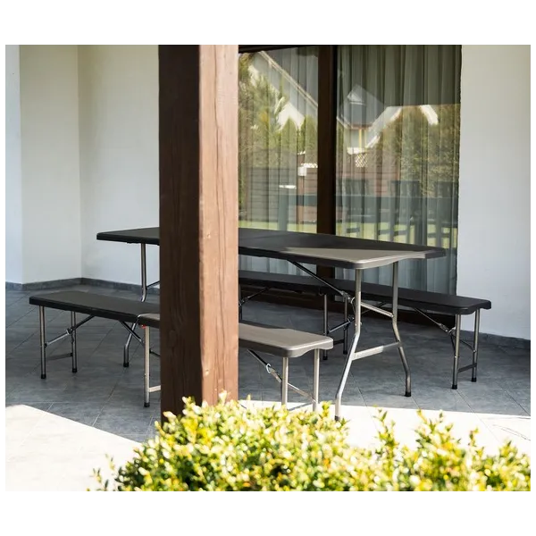 Folding garden table 180cm + 2 benches - black
