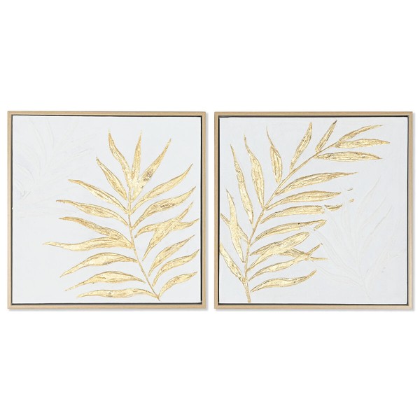 Maalaus Koti ESPRIT Valkoinen Kultainen Canvas MDF Puu Moderni Kasvin Lehti 42 x 4 x 42 cm (2 kpl)