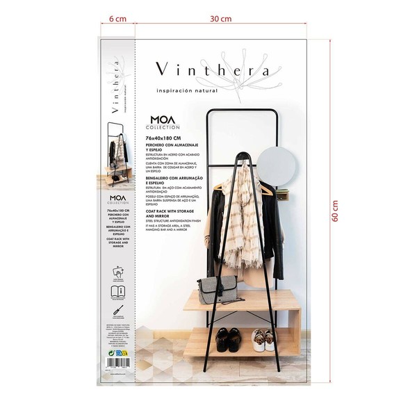 Coat rack with mirror Vinthera Moa Black Beige Metal MDF Wood 76 x 180 x 40 cm