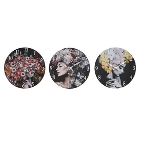 Настенное часы DKD Home Decor Чёрный Разноцветный Цветы современный Деревянный MDF (34 x 4 x 34 cm) (3 штук)