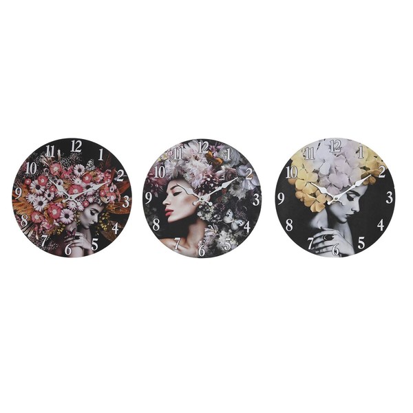 Sienas pulkstenis DKD Home Decor Melns Daudzkrāsains Цветы Moderns Koks MDF (34 x 4 x 34 cm) (3 gb.)
