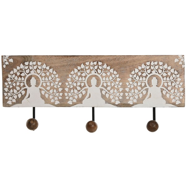 Wall mounted coat hanger Home ESPRIT Valkoinen Musta Luonnollinen Metalli Mangopuu Buddha 38 x 5 x 16 cm