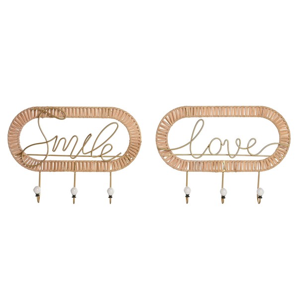 Wall mounted coat hanger Home ESPRIT Kullattu Luonnollinen Metalli Rottinki 40 x 6,4 x 28,6 cm (2 osaa)