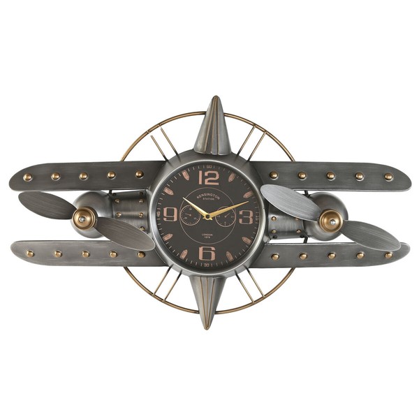Sienas pulkstenis Home ESPRIT Bronza Sudrabains Metāls Lidmašīna Vintage 77,5 x 15 x 46 cm