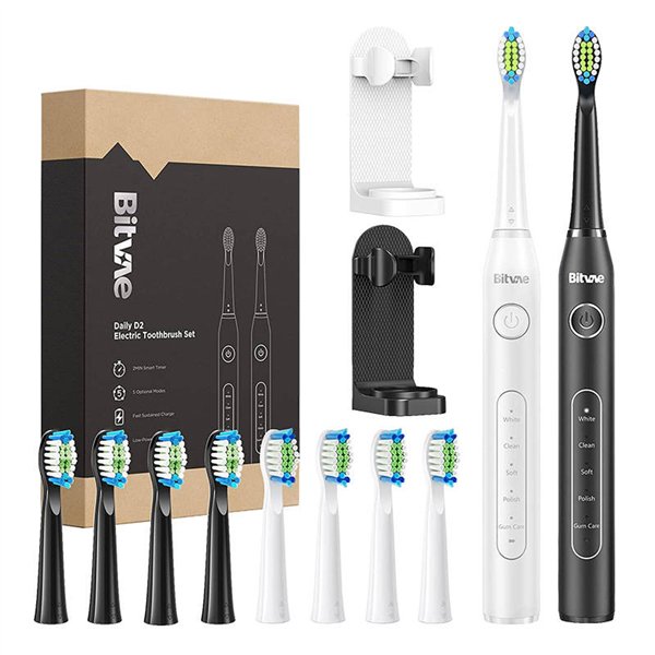Sonic toothbrushes with tips set and 2 holders Bitvae D2+D2 (white and black)