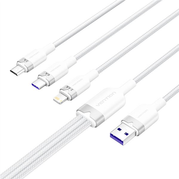 USB 2.0 A to 3-in-1 6A cable Vention CTRWG 1.5M (white)