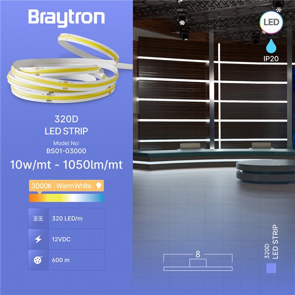 BRY-COBLINE-10W-320D-COB-3000K-12V-IP20-LED STRIP