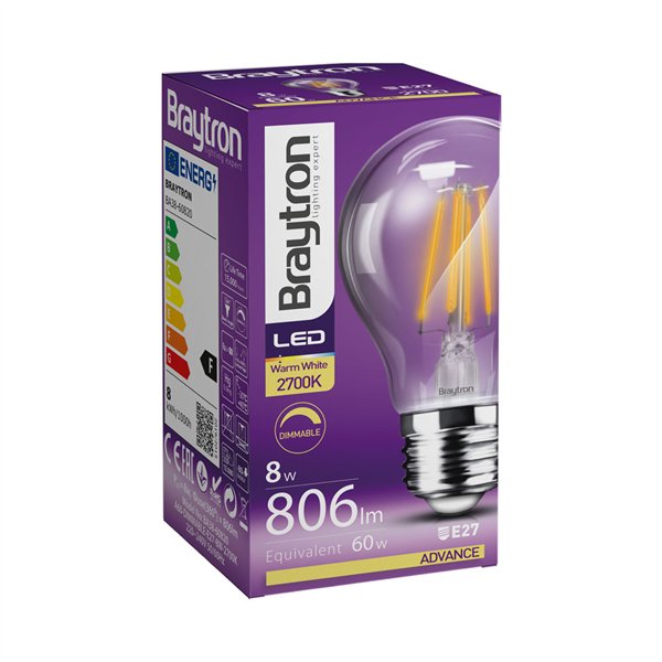 BRY-ADVANCE-8W-E27-A60-CLR-DIM-3000K-BULB