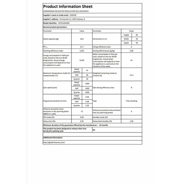 Washing machine Hisense WF5S1045BW 59,5 cm 1400 rpm 10,5 kg